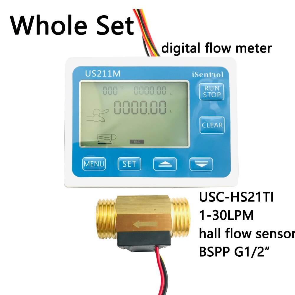 Us211m vandstrømsmåler digital hall vandstrømssensorlæser med messing usc -hs21ti 1-30l/ min hall vandstrømsmåler turbine: Hele sæt