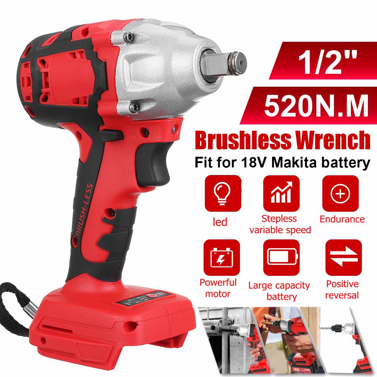18V 520Nm Electric Cordless Brushless Impact Drill Wrench Hammer Drill Screwdriver DIY Power Tool Rechargable For Makita Battery