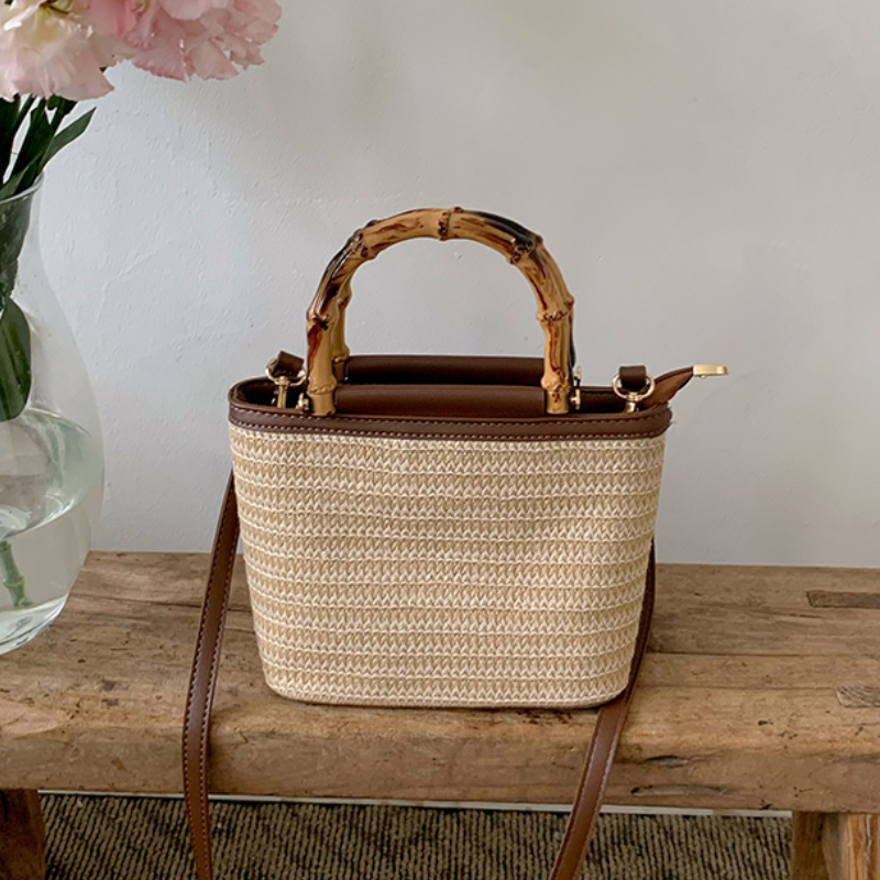 Eenvoudige Handtassen Voor Handtassen Voor Dames Op Reis Mode Met Houten Handvat Dames Schoudertassen Zomerstro Vrouwelijke Emmer Crossbody Tassen