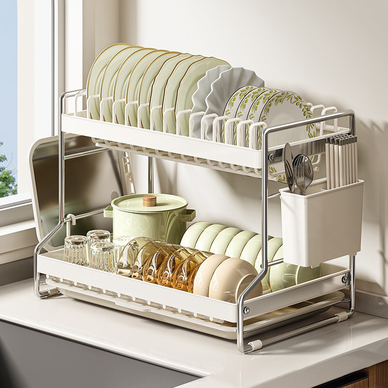 Kök rostsäker diskställ kökshylla skrivbord disk skålar tallrik bestick kastrulllock ställ organisatör 2- nivåer kompakt