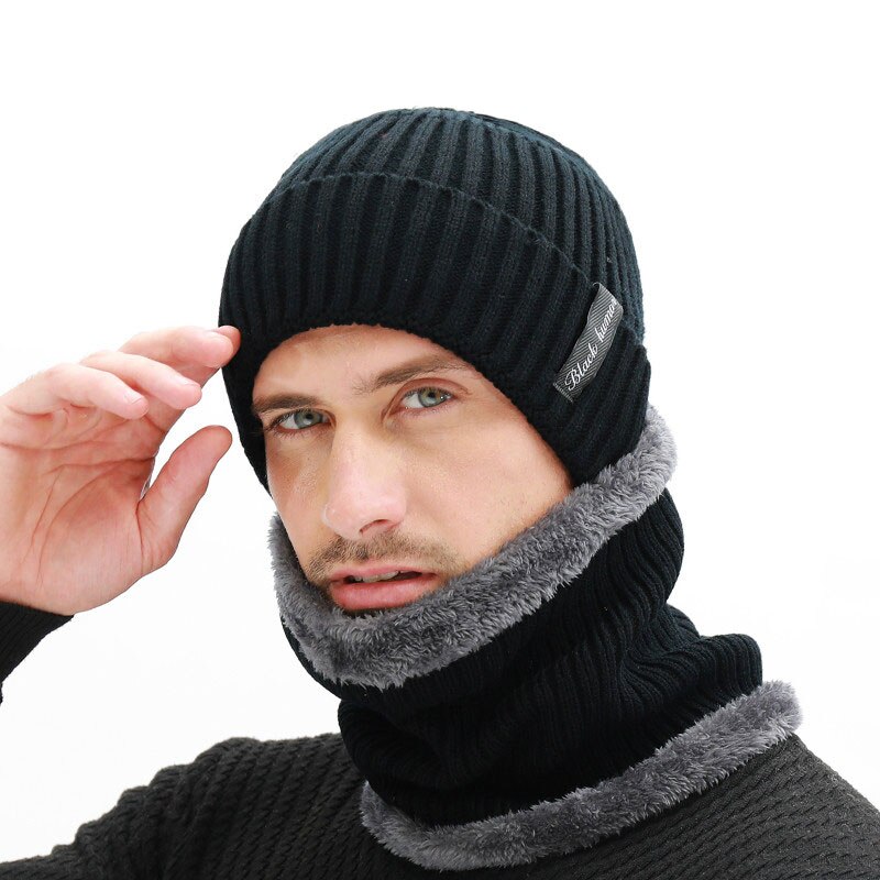 Frauen Mützen Hüte Schal einstellen Winter Hüte Für Männer Frauen Warme Wolle Rippen Gestrickte Kappe Und Schals Anzug Männlich Schwarz motorhaube Skullies: Schwarz