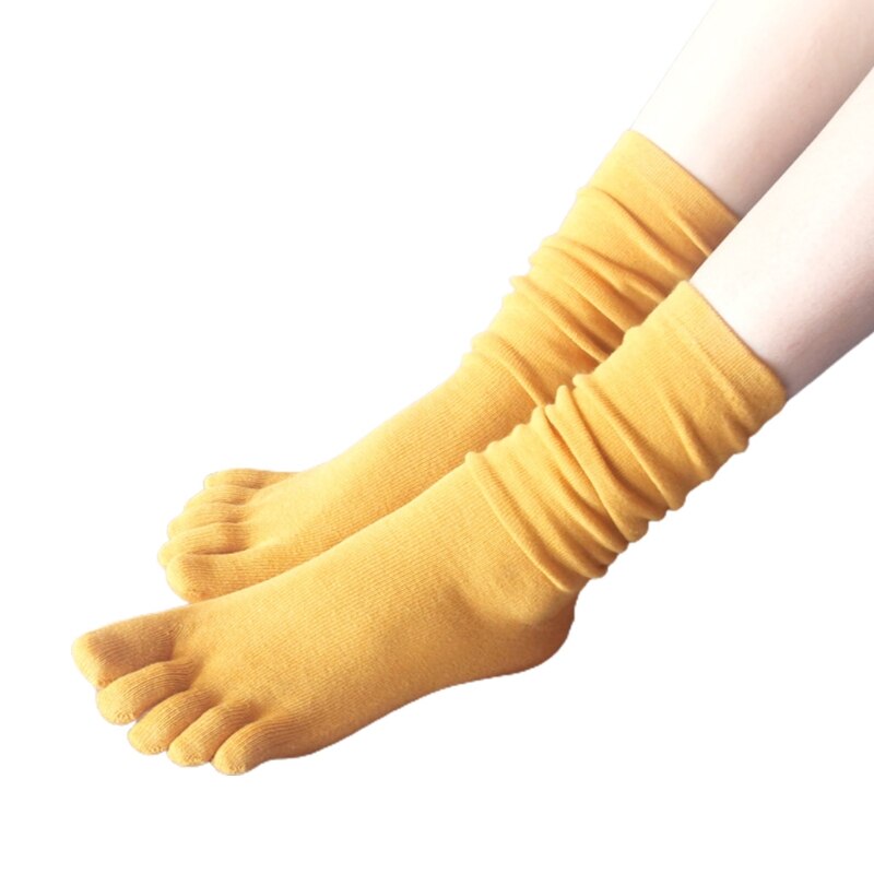 Chaussettes Tube longues à cinq doigts pour femmes, Simple, couleur unie, doux, respirant, orteils séparés, bonneterie en coton, automne décontracté: YELLOW