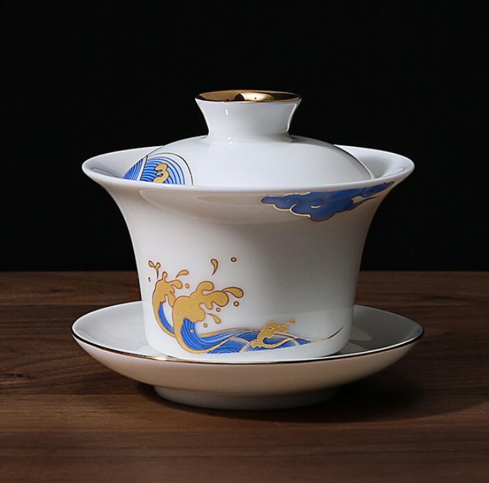 Alta De porcelana blanca cubierta De Jade De porcelana cubierta De Casa De Té sola taza De té gaiwan Sopera De Ceramica