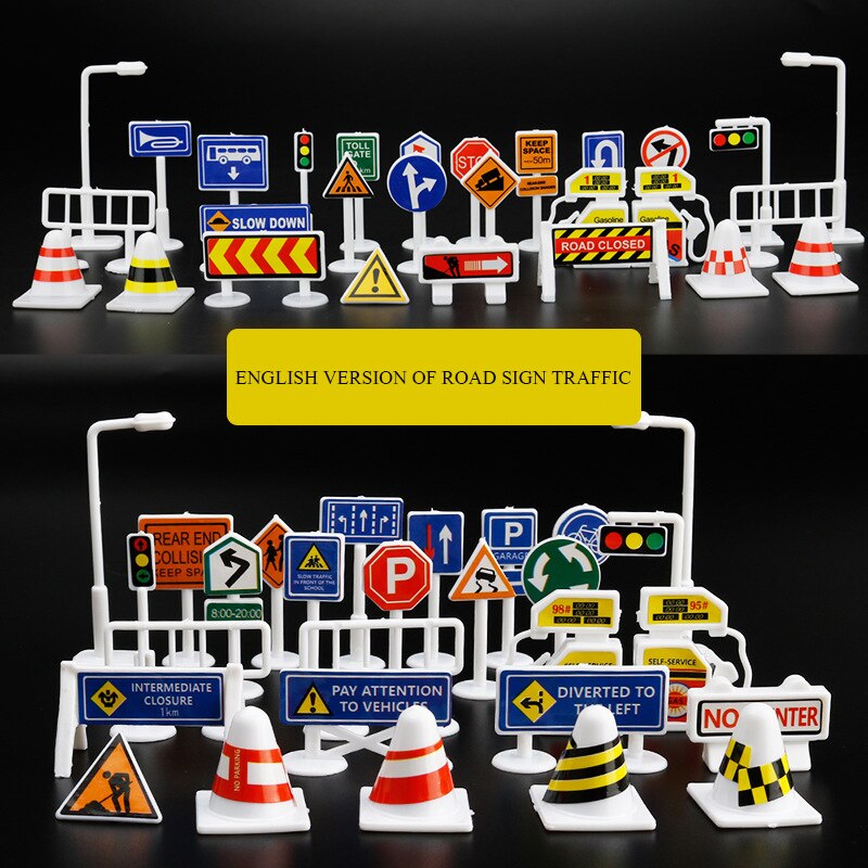 28 Pcs Engels Versie Parkeerplaats Road Sign Speelgoed Diy Model Mini Playmat Verkeersborden Road Accessoires Licht Blok Auto speelgoed Kids