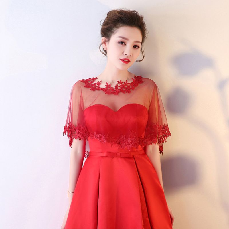 Femmes simple couche pure haut bas mariage châle enveloppement dentelle florale Applique épissage garniture mariée soirée Cape haussement d'épaules Capelet boléro
