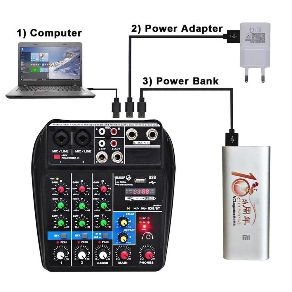 TU04 BT Sound Mixing Console Record 48V Phantom Power Monitor AUX Paths Plus Effects 4 Channels Audio Mixer with USB