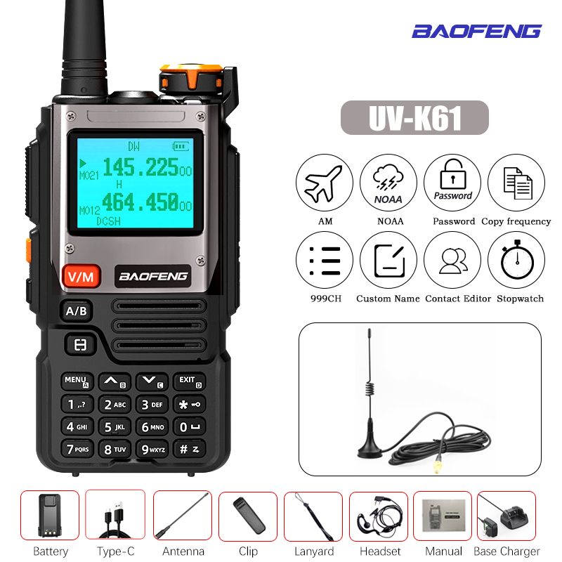 Baofeng-UV-K61 Walkie Talkie, Multi Band, Frequência de cópia sem fio, 999CH, carregador tipo C, UHF, VHF, NOAA, UV-5R, UV K6, K: YELLOW / American