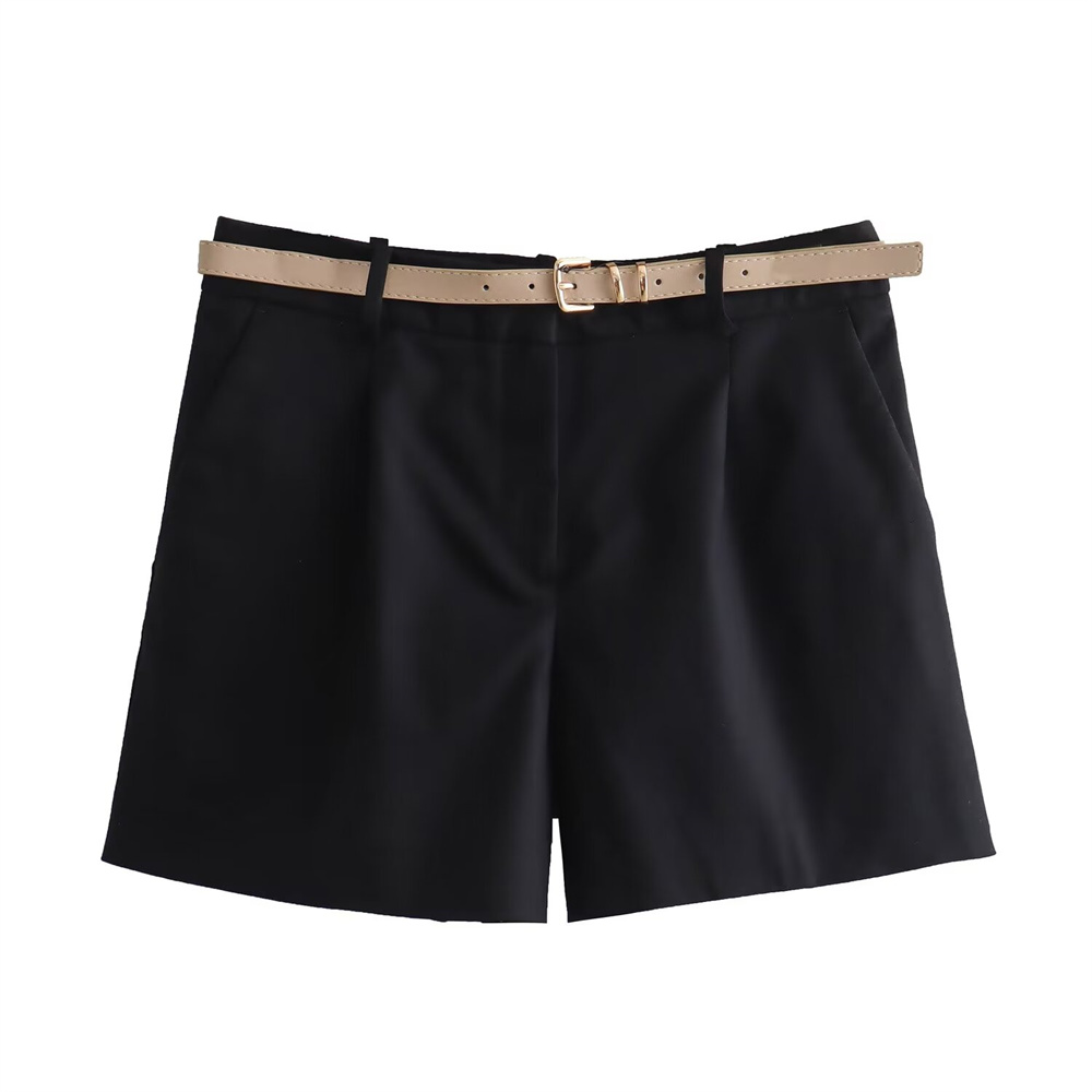 Zach Ailsa Summer Product Women's Versatile High Waist with Belt Casual Solid Color Shorts: M / black