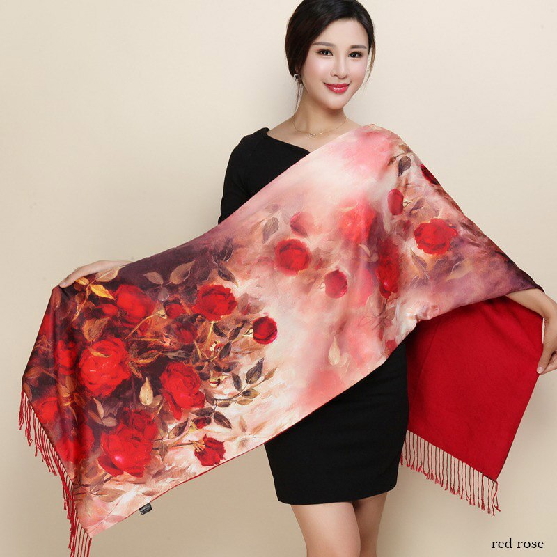 hiver Double côtés cachemire écharpe femmes long Pashmina Tippet femelle châles et Wrap Foulard femme floral foulards en soie: 14