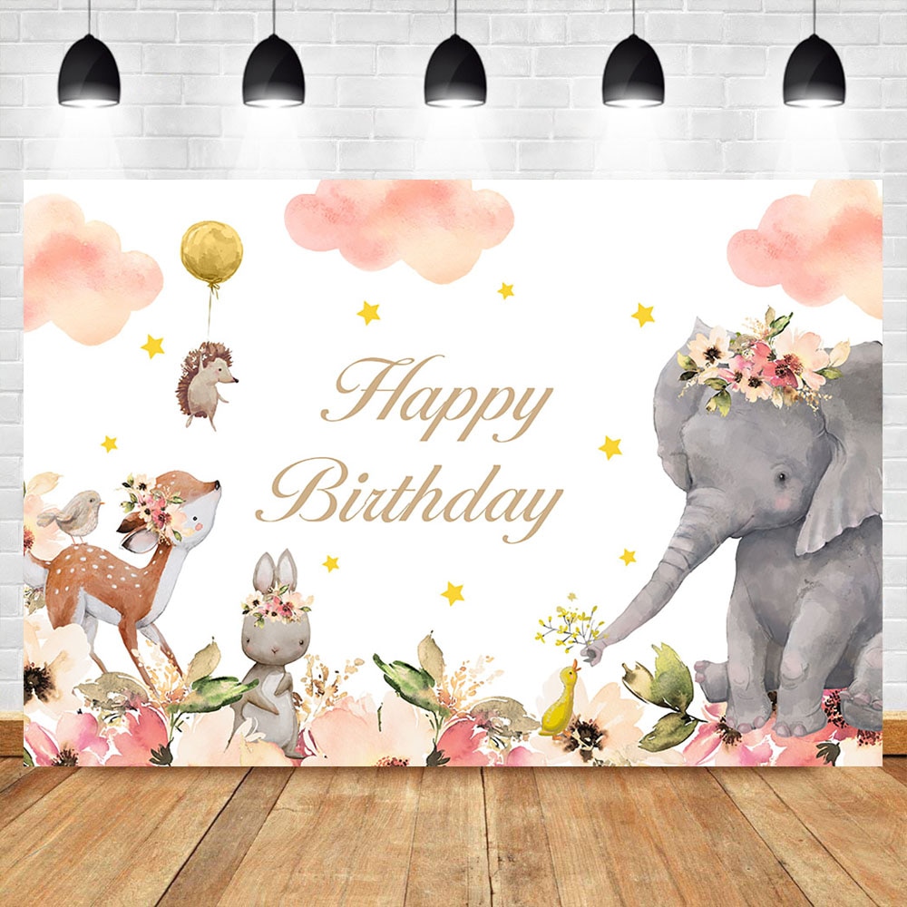 NeoBack Birthday Backdrop - Cute Animals Theme - Vinyl & Polyester - Custom Text/Image - Party Photo Prop