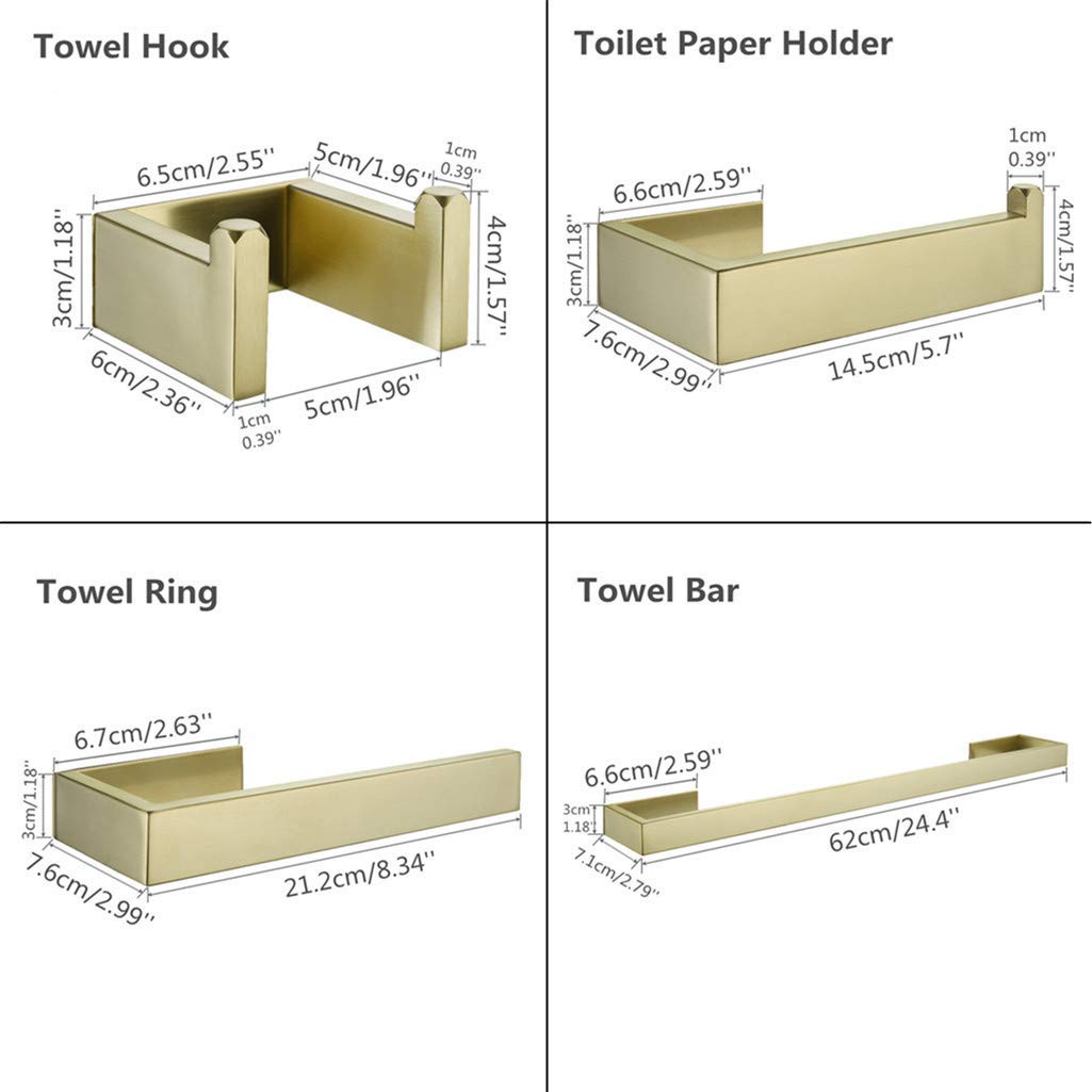 Luxury Clothes Hook, Paper Towel Holder, Towel Bracket and Towel Bar Economical 4-Piece Accessories Set Gold Brushed 3M Adhesive