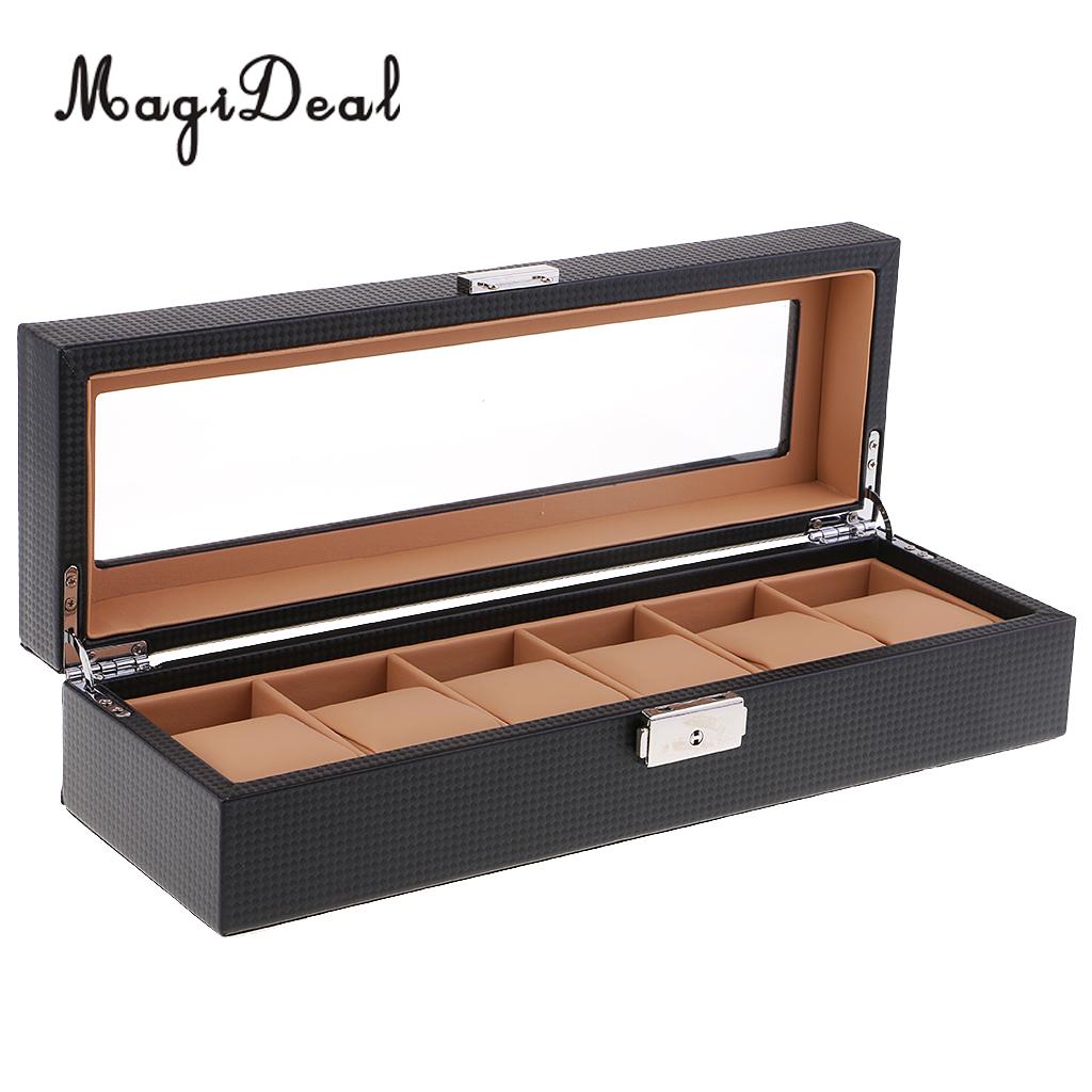 Magideal 6 -rooster pu-leren doos horloge opbergdoos luxe vitrine houder decoratie ambachten met slot voor horloges sieraden