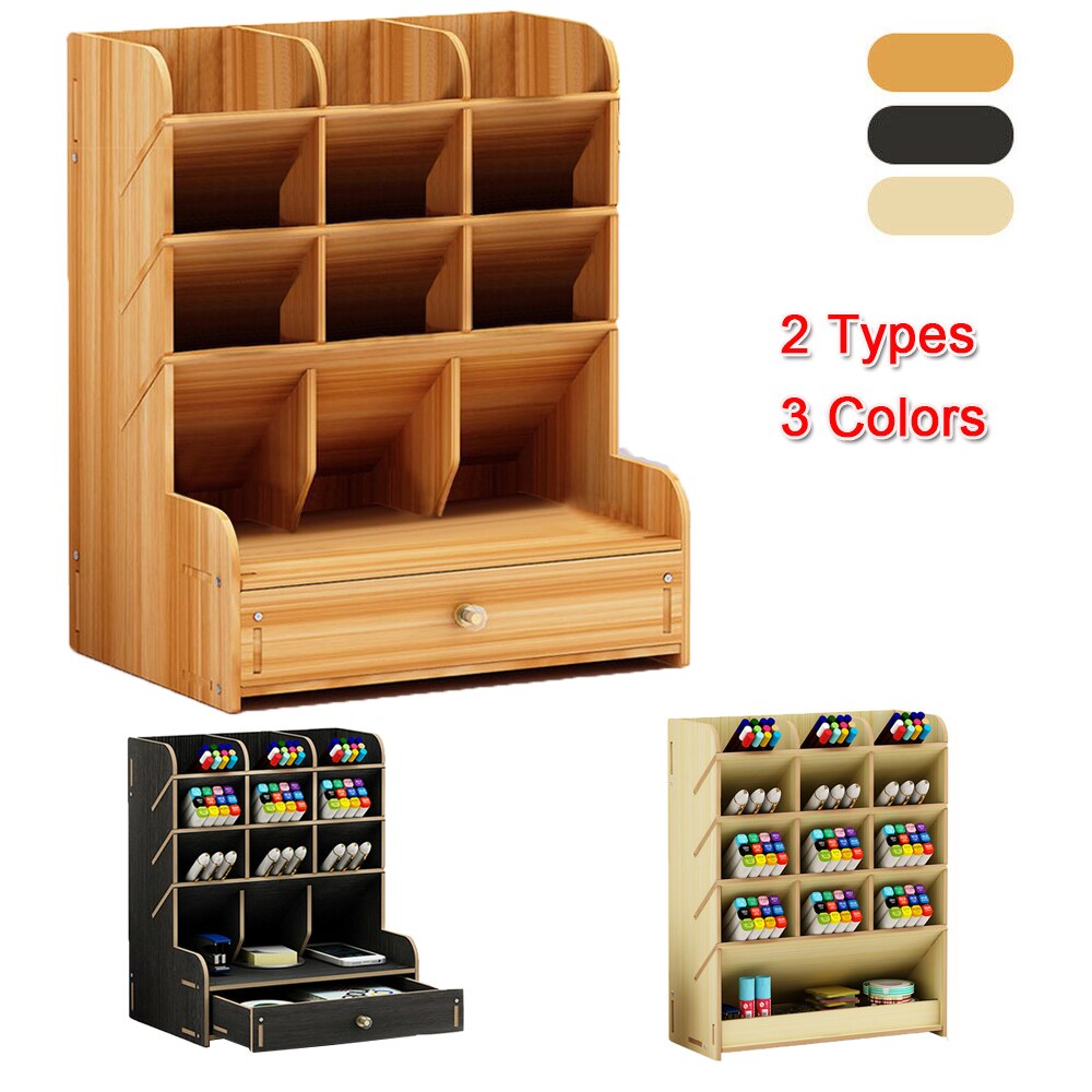 Multi-Functional DIY Wooden Desk Organizer Office School Pen Pencil Holder Container Stationary Desktop Storage Box with Drawer