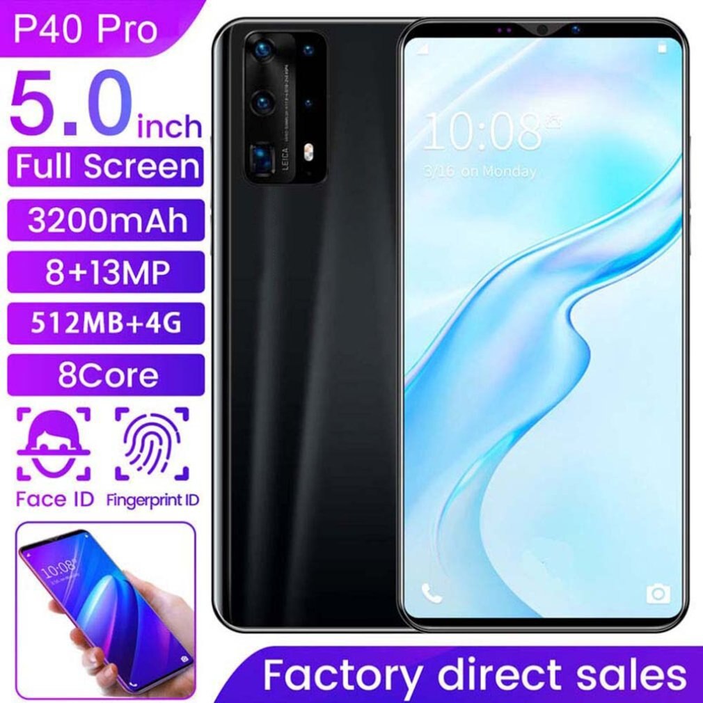 Dual-Core P40 Pro Smartphone 5 Inch Screen Smartphone 512M+4G Android Smartphone 3D Glass Plated Back Cover