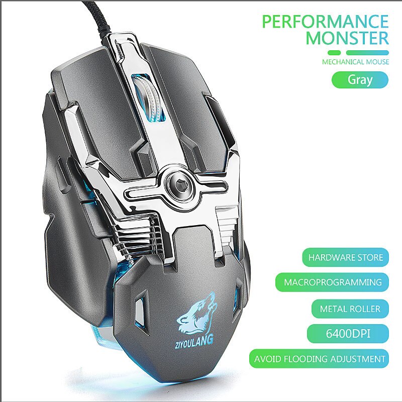 V15 8 knops mechanische gamingmuis met usb-kabel, 6400 dpi rgb-achtergrondverlichting, macro-gamermuis met drukpistool voor laptop