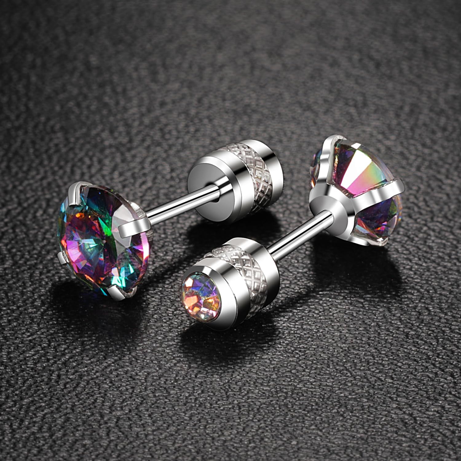 6mm CZ Screw Flat Back Earrings for Women Girls Hypoallergenic for Sensitive Ears Rainbow Cubic Zirconia Stud Earring