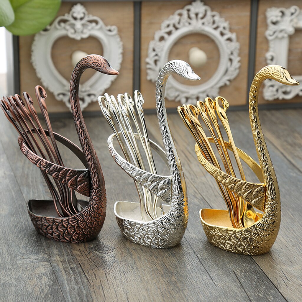 Base de cisne romántica, 7 piezas, vajilla de acero inoxidable para ensalada, postre, fruta, tenedores, cucharas de café, vajilla de cena, herramientas de cocina