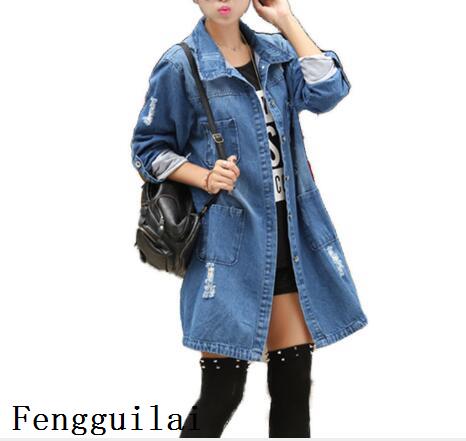 Efterår hul denim jakker plus size s -5xl slanke jeans outwear toppe langærmet cardigan cowboy mellemlang frakke kvinde