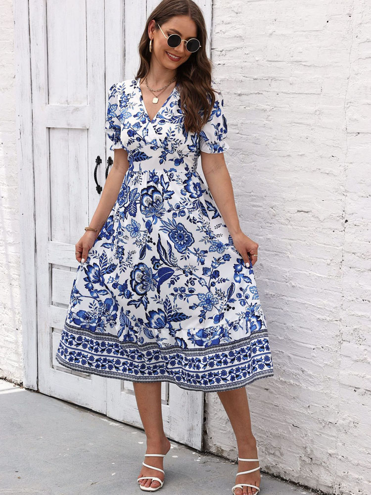 FSMG Floral Print V Neck Half Puff Sleeve Boho Maxi Dress Sweet Ethnic Style Beach Long Robe Evening Party Gowns