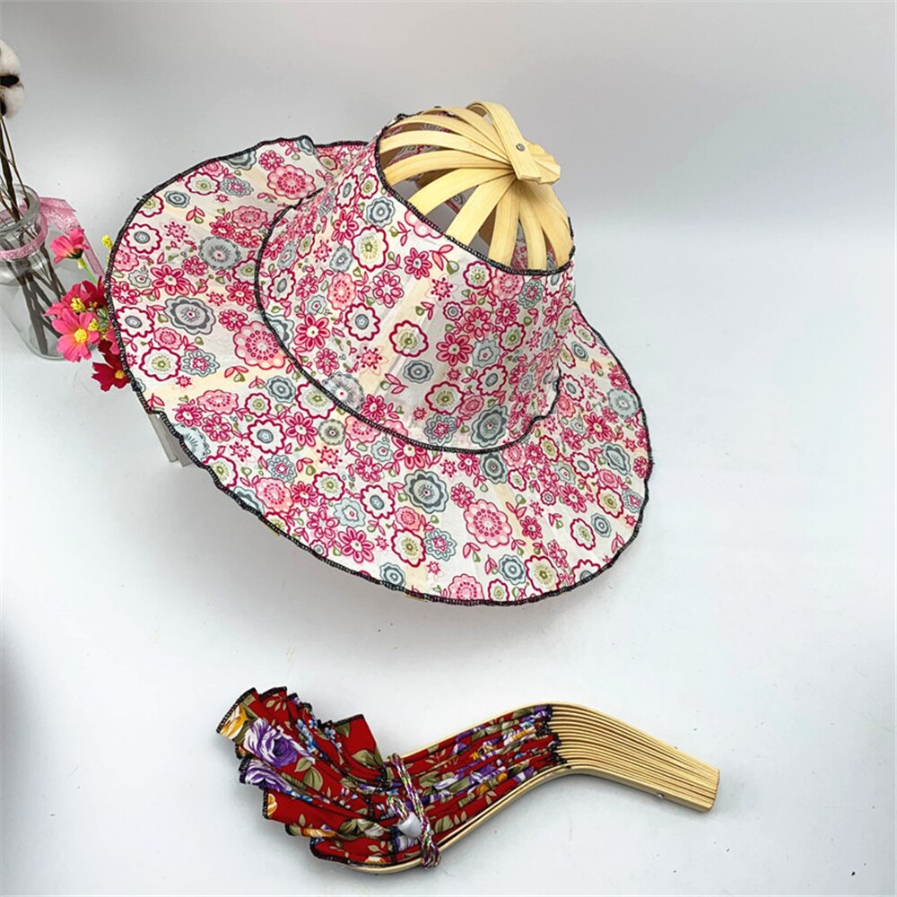 Gorros plegables con estampado Floral para mujer y niña, sombrero de bambú plegable, para el Sol, para viaje
