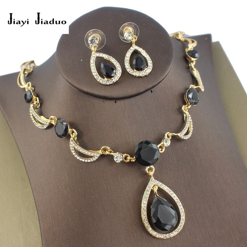 Jiayijiaduo-conjunto de joyas de boda para mujer africana, collar de cristal negro dorado, pendientes, accesorios de ropa de verano para mujer