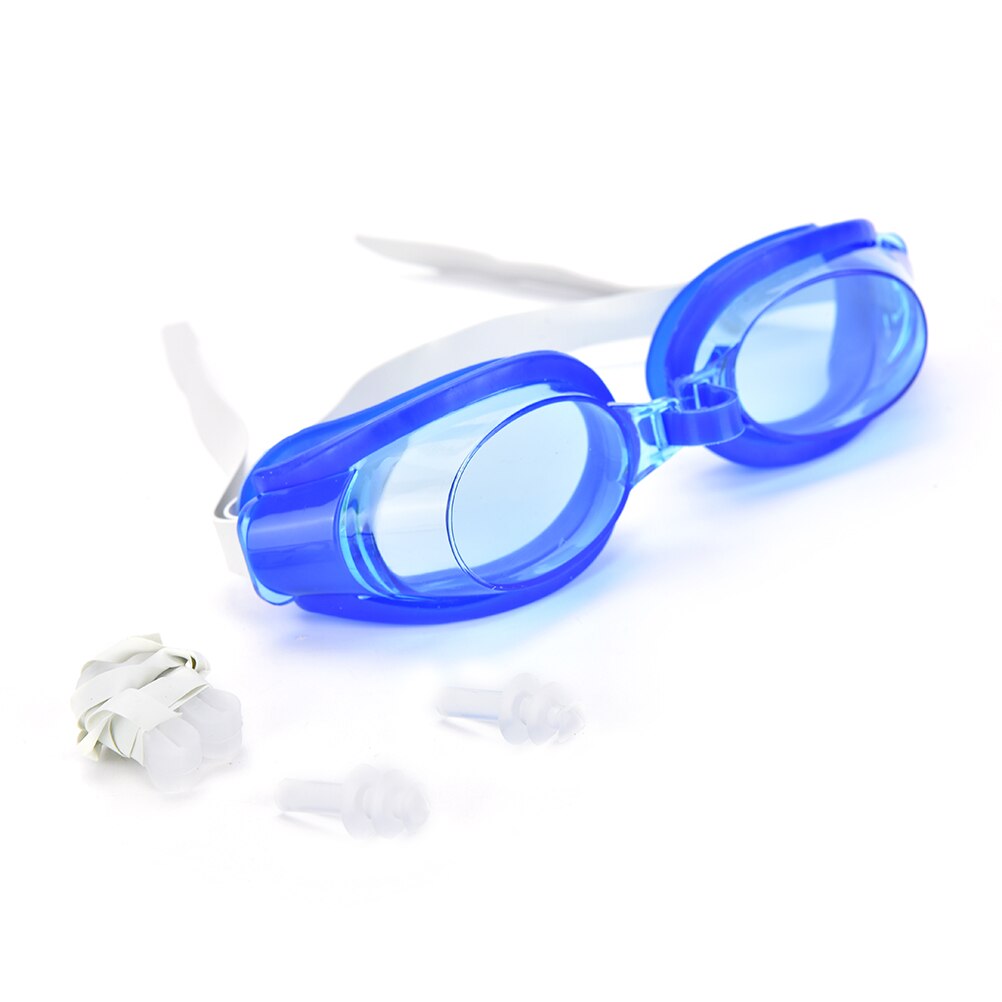 1 Set Adult Swimming Glasses with Earplugs Nose Clip Summer Diving Swimming Glasses Plastic Rubber Goggle Set 6 Colors: Blue