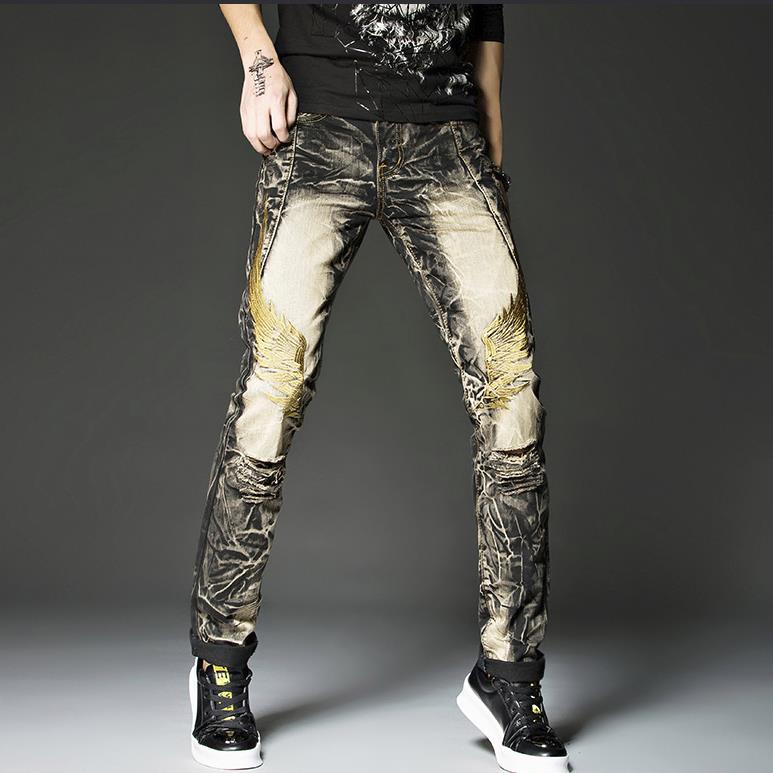 Herr svart rock hip hop jeans nitar broderi guld vingar byxor europa och amerika street vintage slitna raka jeans: 30