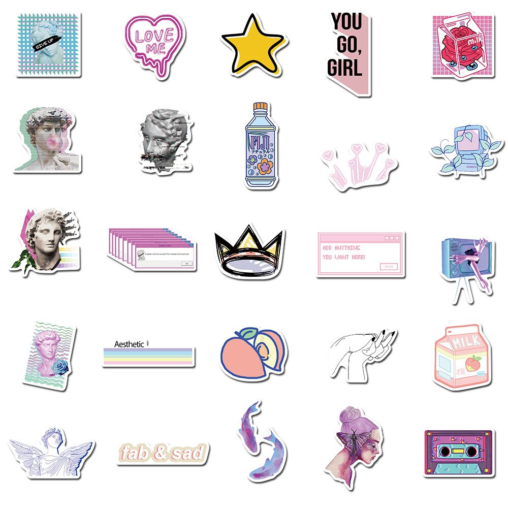 50pcs Vaporwave Art Style Sticker for Laptop Computer Skateboard Luggage Refrigerator Notebook Helmet Toy Cartoon Stickers