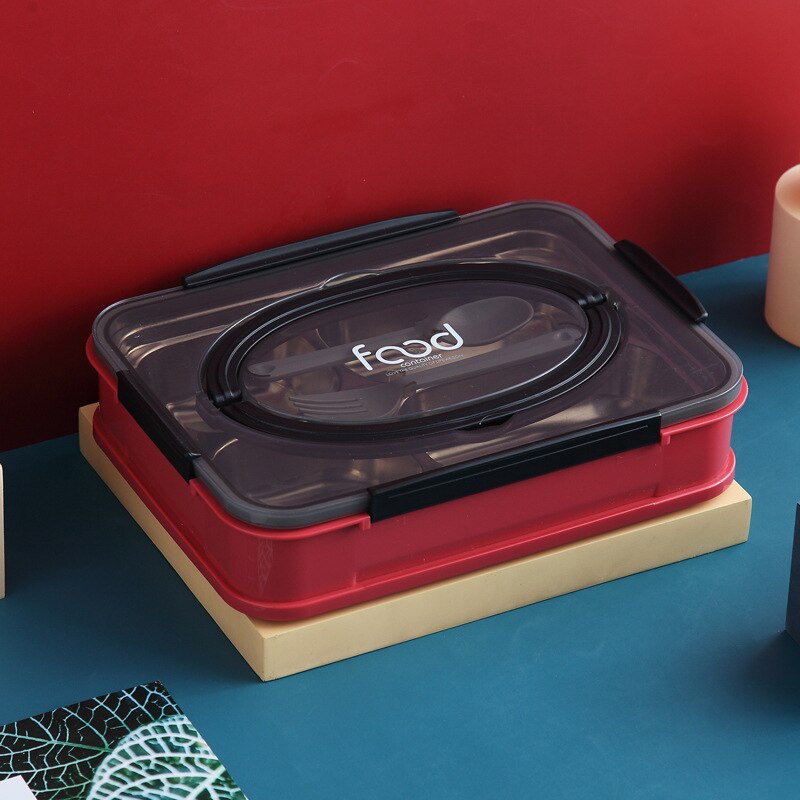 Stainless Steel lunch Box Portable Student Bento Box For Office Worker Fruit Salad Food Storage Container Microwave Tableware: 4 grid red