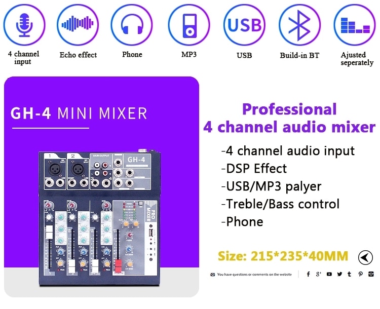 Mini Audio Mixer Karaoke Mixing Console Sound Bluetooth Record Computer Playback 48v Phantom Power Delay Repaeat Effect BT Mixin