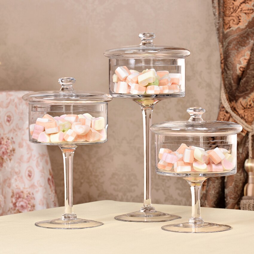 Europæisk stil gennemsigtige glasflasker støvtæt låg opbevaring kagestand dessert slik krukker te caddy vase bryllup hjemindretning