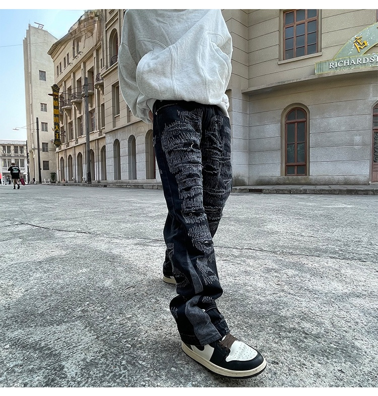 High Street Patchwork Jeans Men Black Hip Hop Streetwear Punk Denim Pants Harajuku Oversized Ripped Straight Loose Trousers
