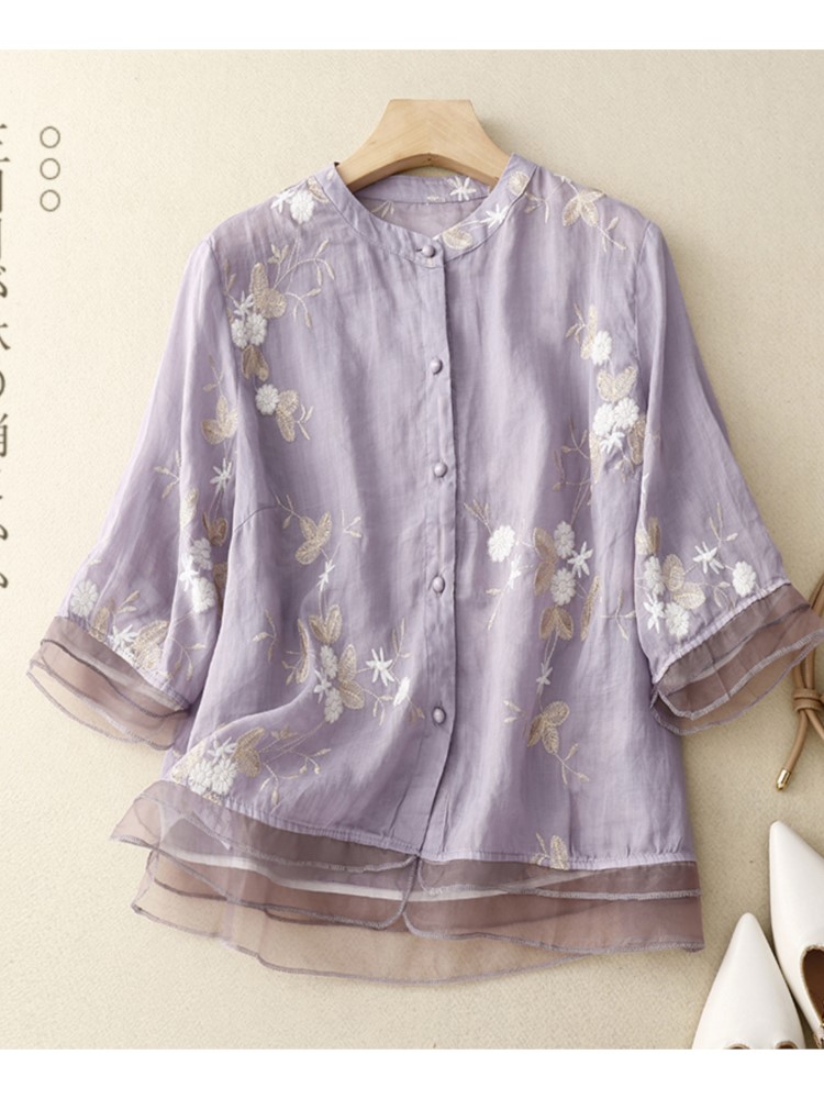 Frühling Sommer Frauen Hemd Bluse gespleißt Dreiviertel Gaze Stand Hals einreihig Brüste Folk bestickte Strickjacke Tops