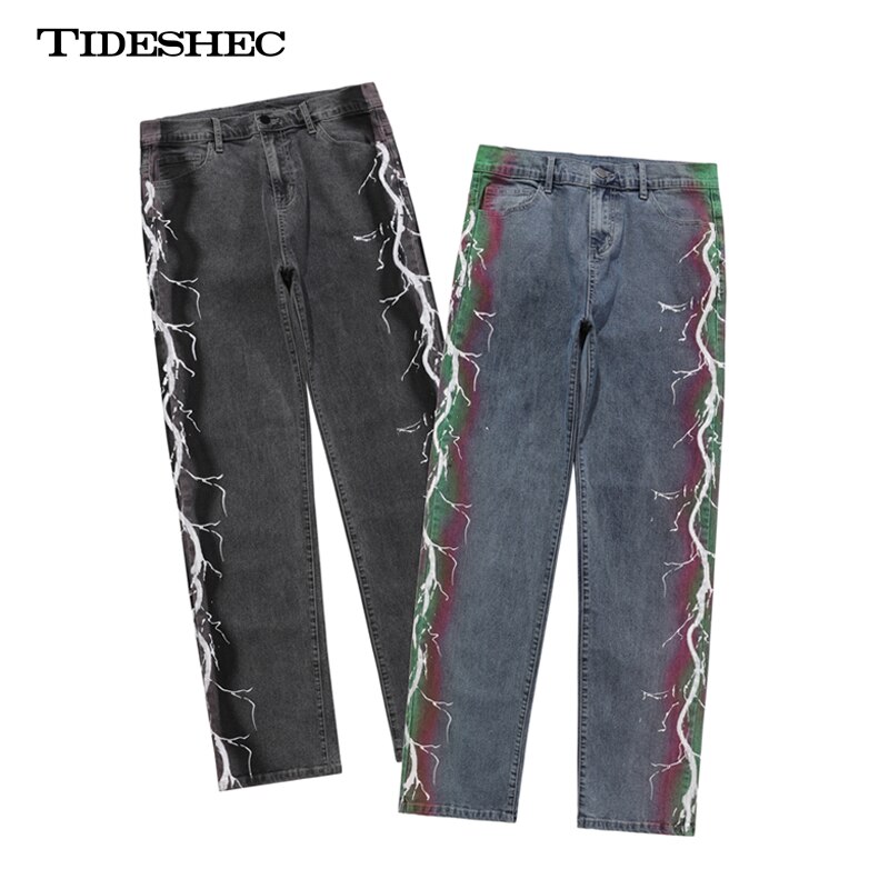 Tidesmec-pantalones vaqueros con estampado de rayos para hombre, ropa informal estilo Hip Hop, holgada,