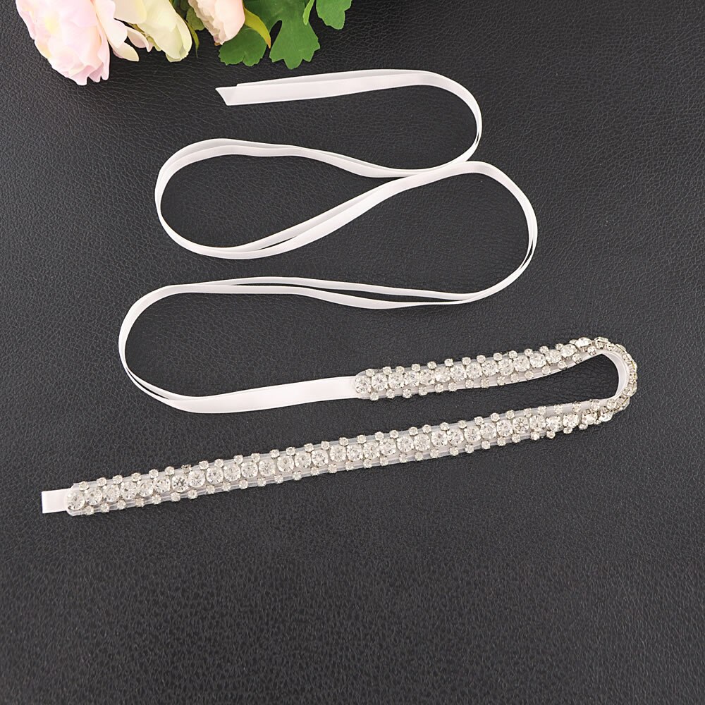 ZMS42 Rhinestone Belt with Ribbon Sequin Bridal Thin Wedding Dress Sash Sparkly Silver Party Women's Belts Accessories: White
