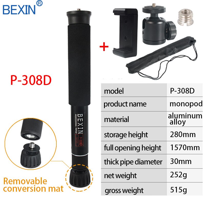 Bexin Aluminium 28Cm Verstelbare Statief Monopod Lichtgewicht Camera Telefoon Stand Unipod P308C P308D Met Afneembare Voet Pad: P308D-B