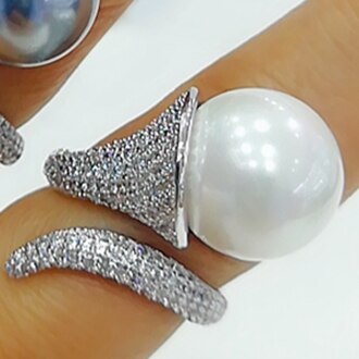 GODKI à la fleur de lys perle pile anneaux pour les femmes cubique Zircon doigt anneaux perles bague avec breloque bohème plage bijoux: D Silver White Pearl