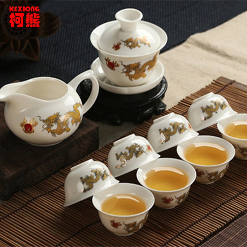 CJ242 Hoogwaardige Golden Dragon Melkachtige Witte Jade Porselein Keramiek Kung Fu Thee Set Cup Bone China Drinkware verpakking