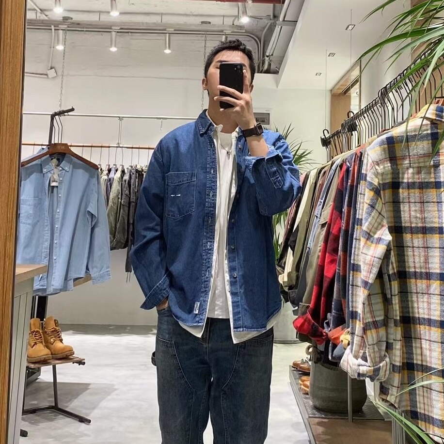 Oversized Korean Plain Blue Long Sleeve Unisex Denim Jean Jacket for Men
