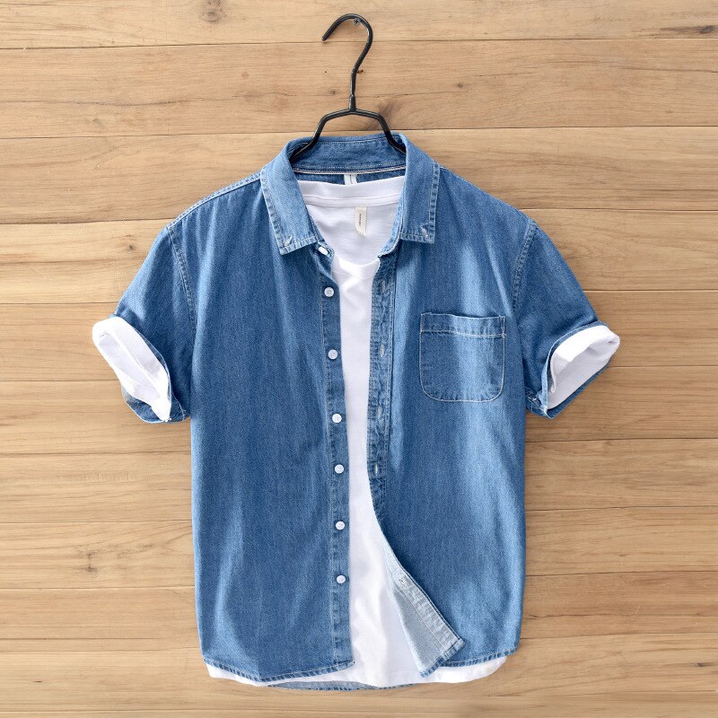 Denim Shirt casual men's short sleeved shirts slim breathes Cool hawaiianshirt