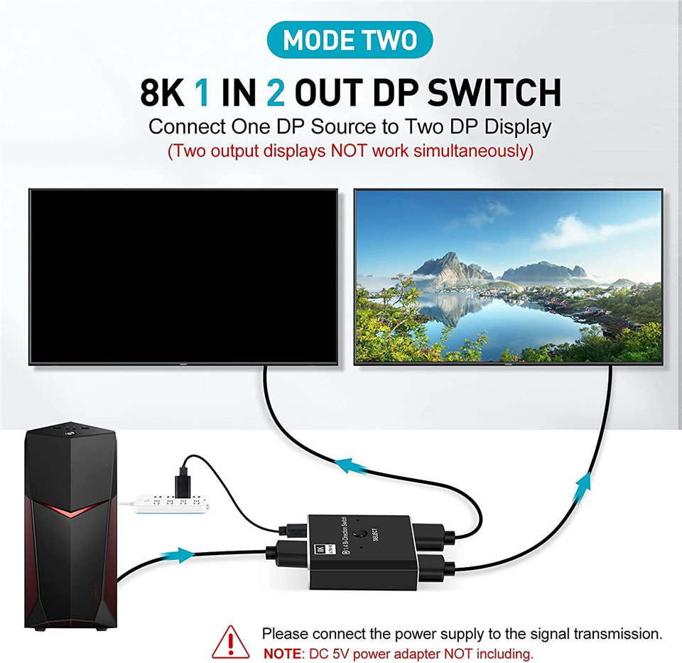 2 x 1 1 x 2 displayport dubbelriktad switch 8k @ 60hz 4k @ 120hz manuell dp dubbelriktad switch 2 in 1 utgång för pc-skärm projektor tv