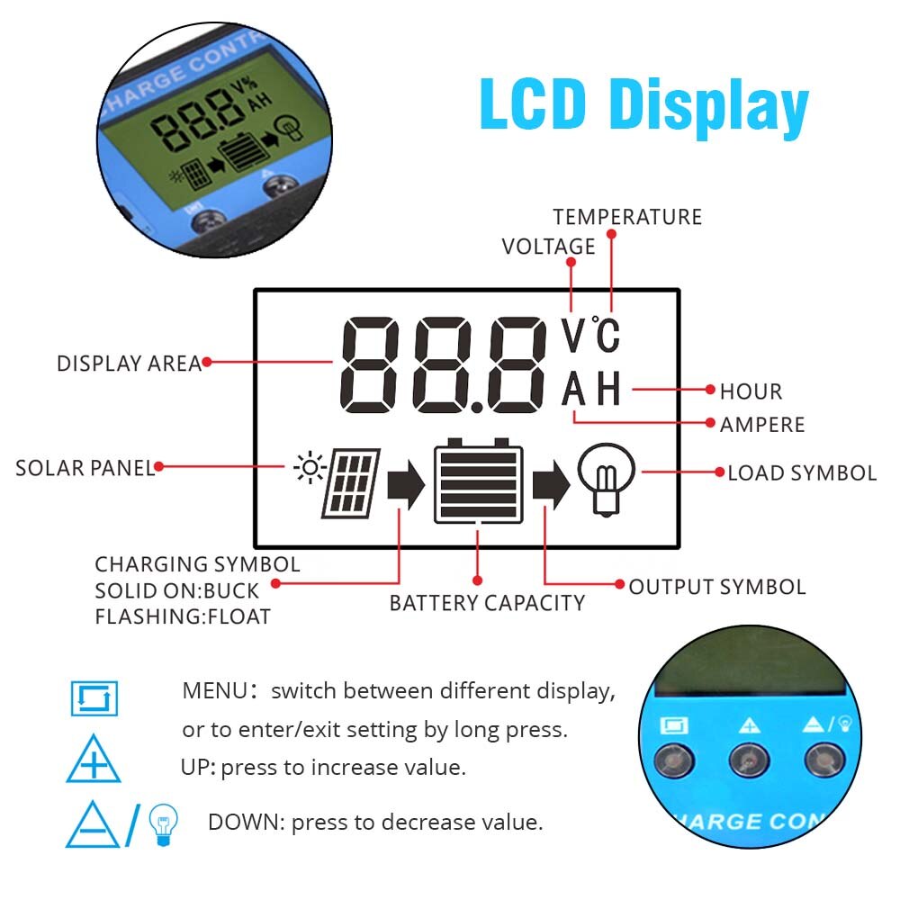 20A solar charge controller regulator pwm 2 usb max 2A LCD display for solar system lithium battery charging control parameters