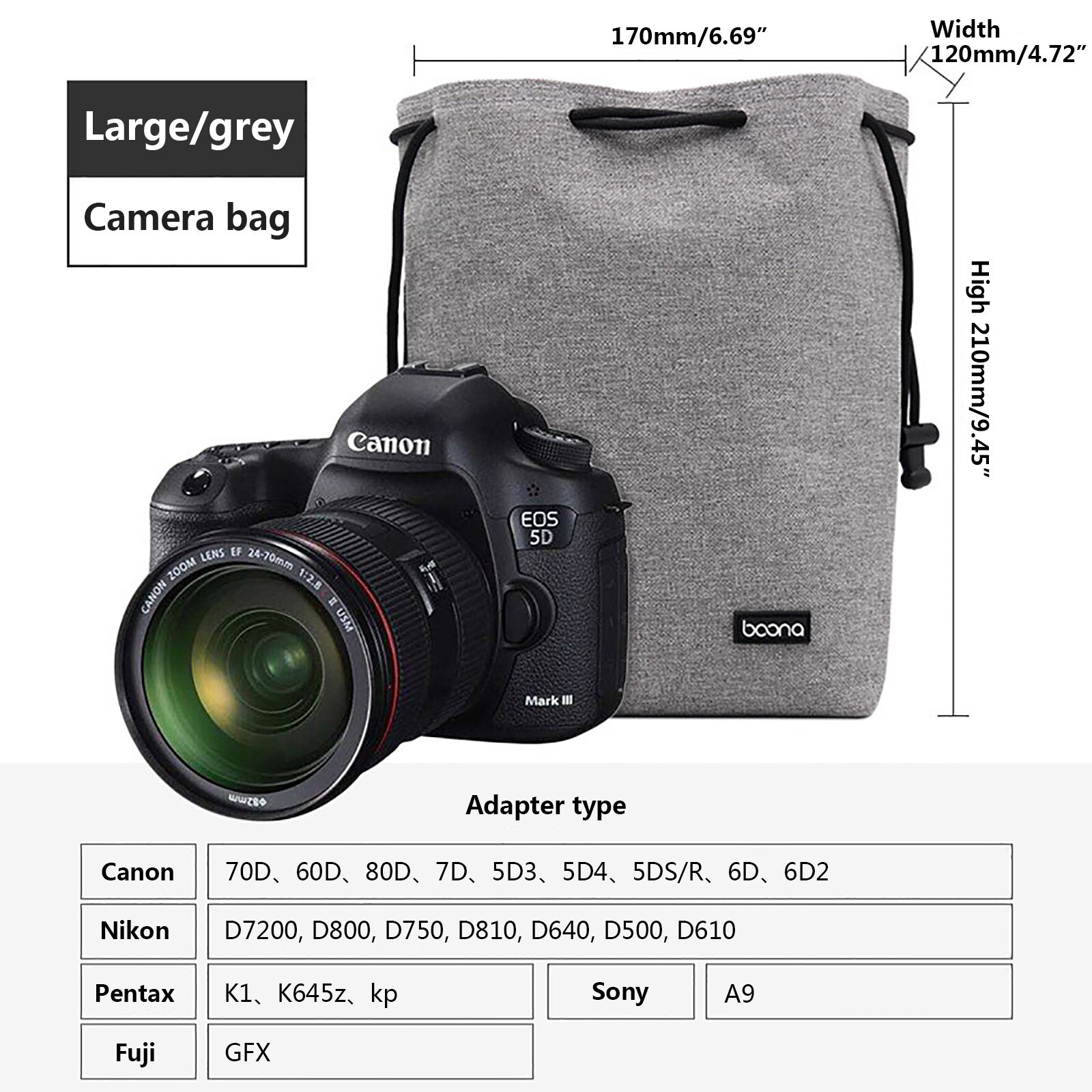 Sacoche de protection pour objectif d&#39;appareil photo, étui en Lycra pour appareils photo DSLR, Nikon, Canon, Sony, Olympus, Fuji: Camera Bag grey-L