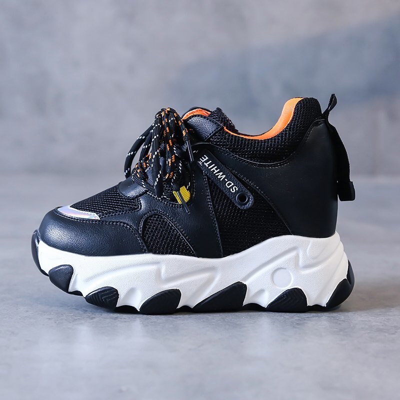 Kvinder platform chunky sneakers designere snøre fritidssko kvinde sommer gammel far sko damer 9cm super høje hæle: Sort / 35