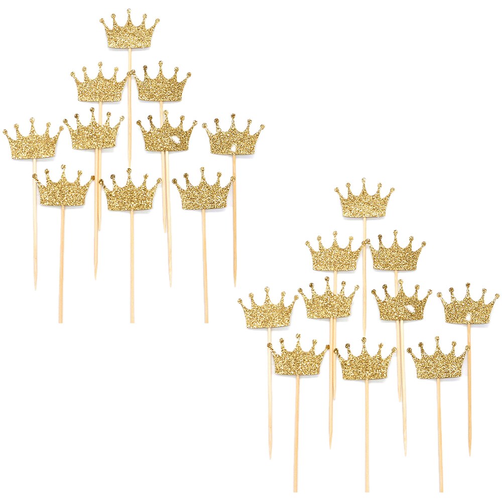 Lot van  of 20 stuks glitterkroonhouten stokjes voor taarttoppers, decoratie voor bruiloften en verlovingen.