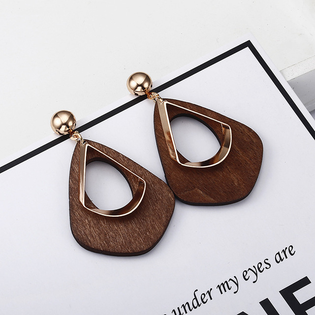Boucles d'oreilles Vintage en forme de goutte d'eau en bois pour femmes, longues et creuses en métal, style bohème, bijoux de fête,: Rhodium plaqué