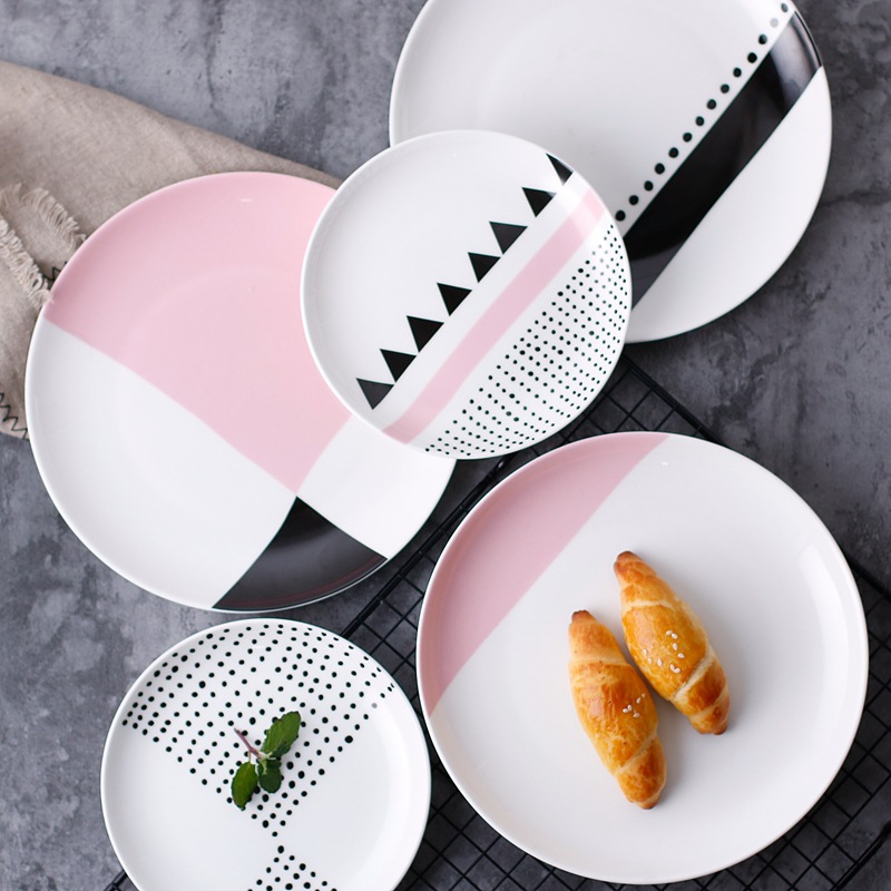 1 st porslin servis rosa frukosttallrik geometrisk kontrast servis skifferfat fast biff tallrik tårta ost