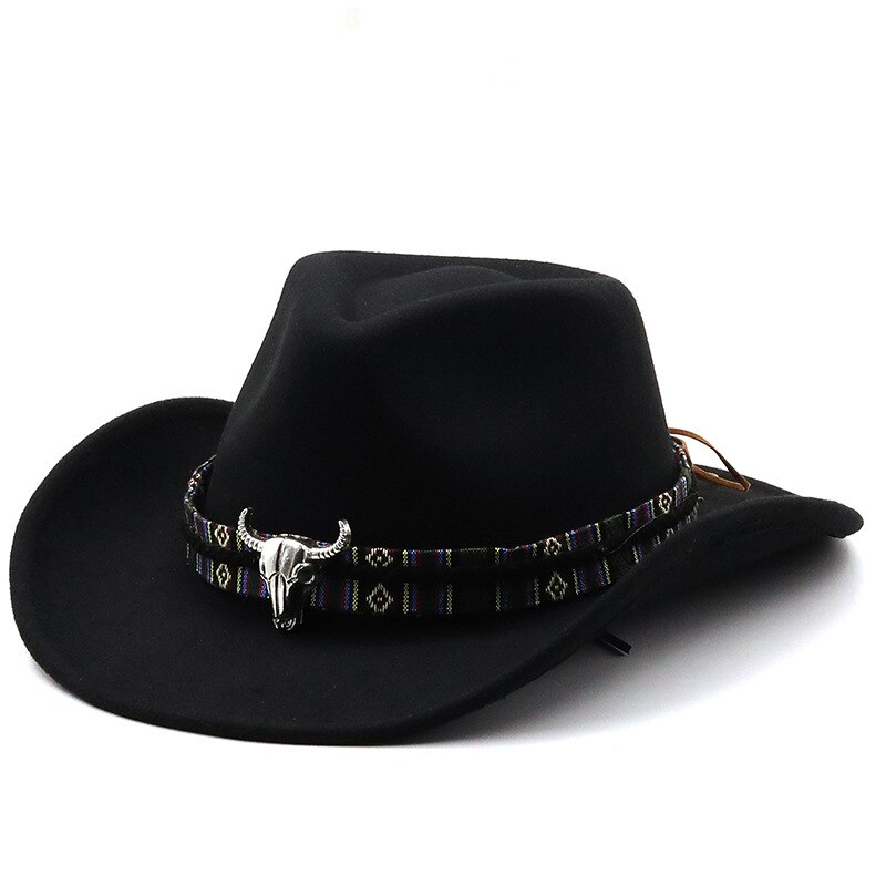 Western Cowboy Hoed Met Koe Hoofd Band Brede Rand Hoed Pop Jazz Hoed Winter Mannen Vrouwen Jazz Wollen Muts koe Meisje Hoed
