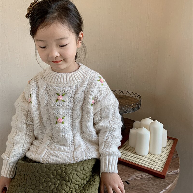 Pull tricoté épais avec broderie florale pour bébé fille, pull mignon de Style coréen pour enfant, hiver