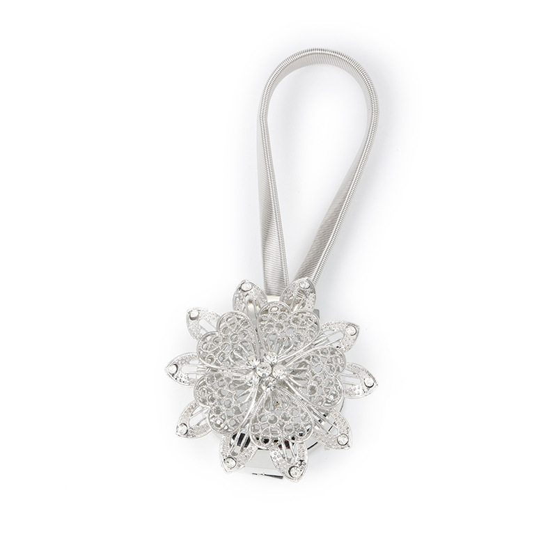 Magnetic Curtain Buckle Flower Decor Window Screening Tieback Clip Retractable Metal Strap Curtains Holder Accessories: Silver